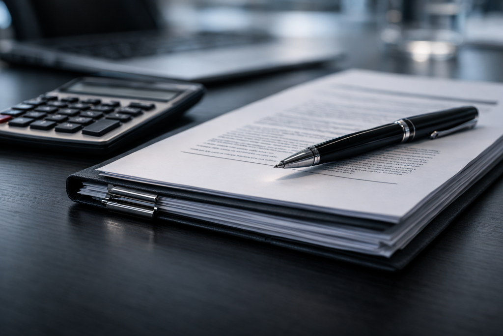 Calculator, pen and paperwork on a wooden office desk.